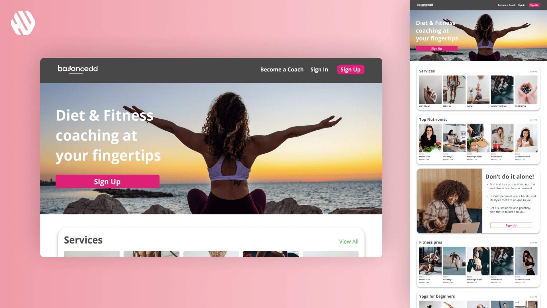 Woman practicing yoga at sunset on Balanceed website homepage promoting diet and fitness coaching.